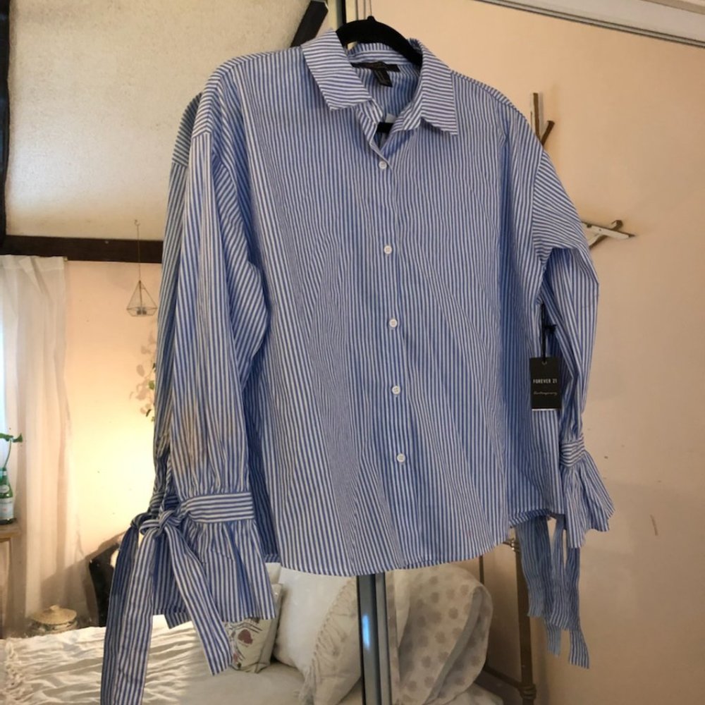 Blue and White Striped Dress Shirt, Ties on Wrists